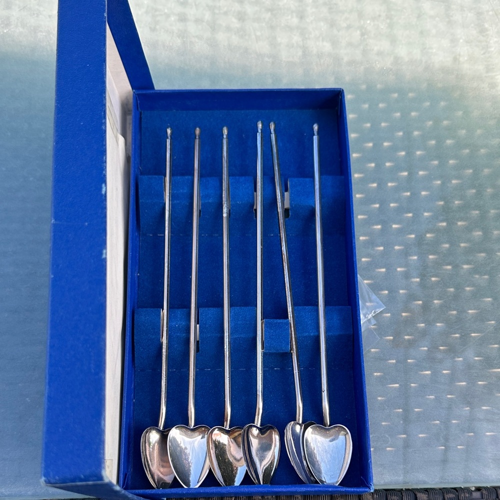 Vtg Silverplate PMITALY Heart Iced Tea Julep Spoon Straw Set Of 6-original box